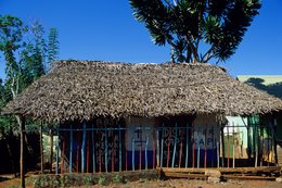 Comoros-Archipelago;-Dragon-tree;-Fence;-France;-Hut;-Indian-Ocean;-Kaleidos;-Kaleidos-images;-La-parole-à-limage;-Laurent-Abad;-Mayotte;-Painted-façade;-Stories-Pictures;-Thatched-roof;-Traditional-architecture